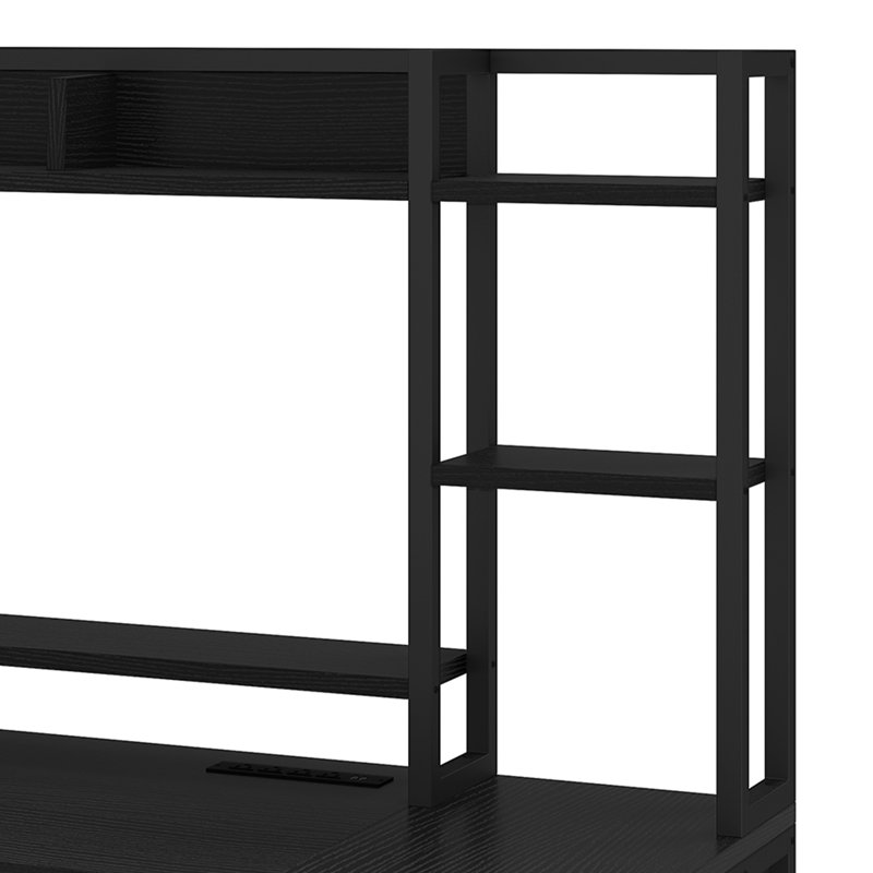  Bureau d'ordinateur avec prises de courant, lumières DEL et huche, Noir