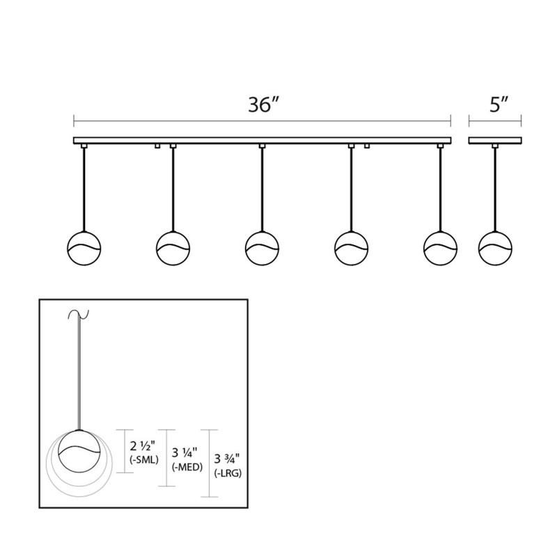 Grapes 5 - Light LED Kitchen Island Pendant, Polished Chrome, 3.75" H x 37.75" W x 3.75" D
