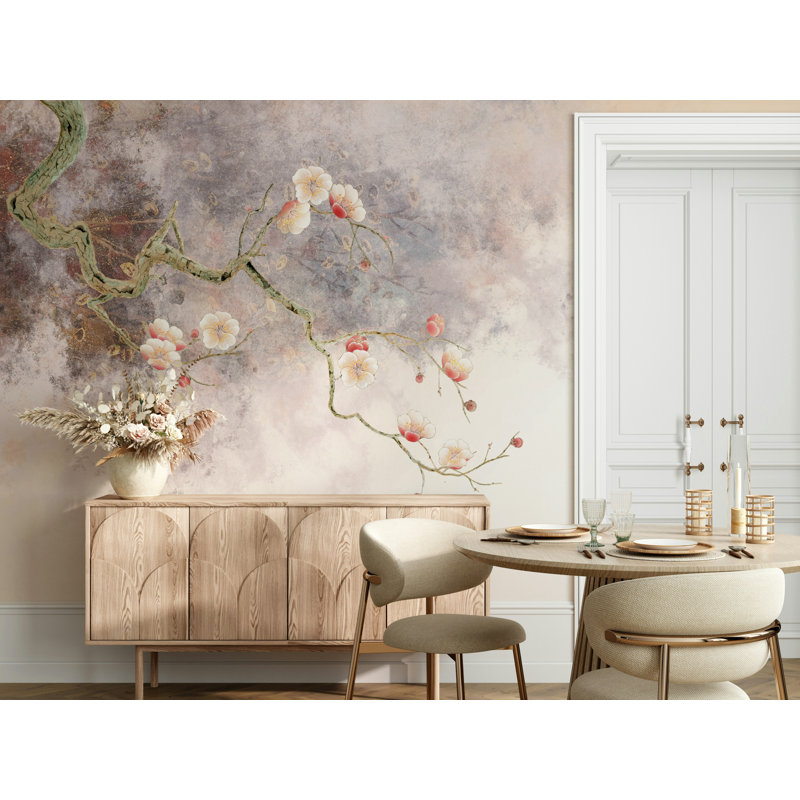 Papier peint beige avec branches de prunier doux, L 75 po x l 112 po