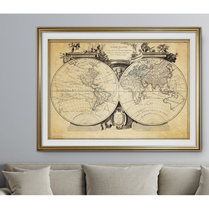 « rétro world map viii antique », impression, Or, H 31 po x l 43 po x P 1,5 po