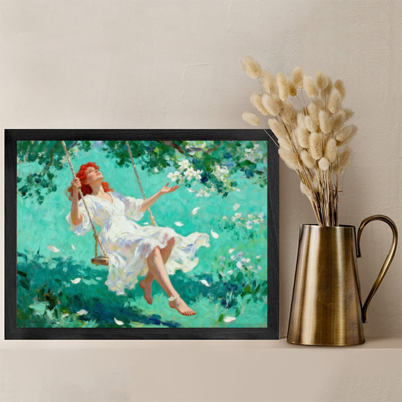 Art encadré noir, «The Lady in a White Dress on the Flower Tree Swing», impression impressionniste encadrée