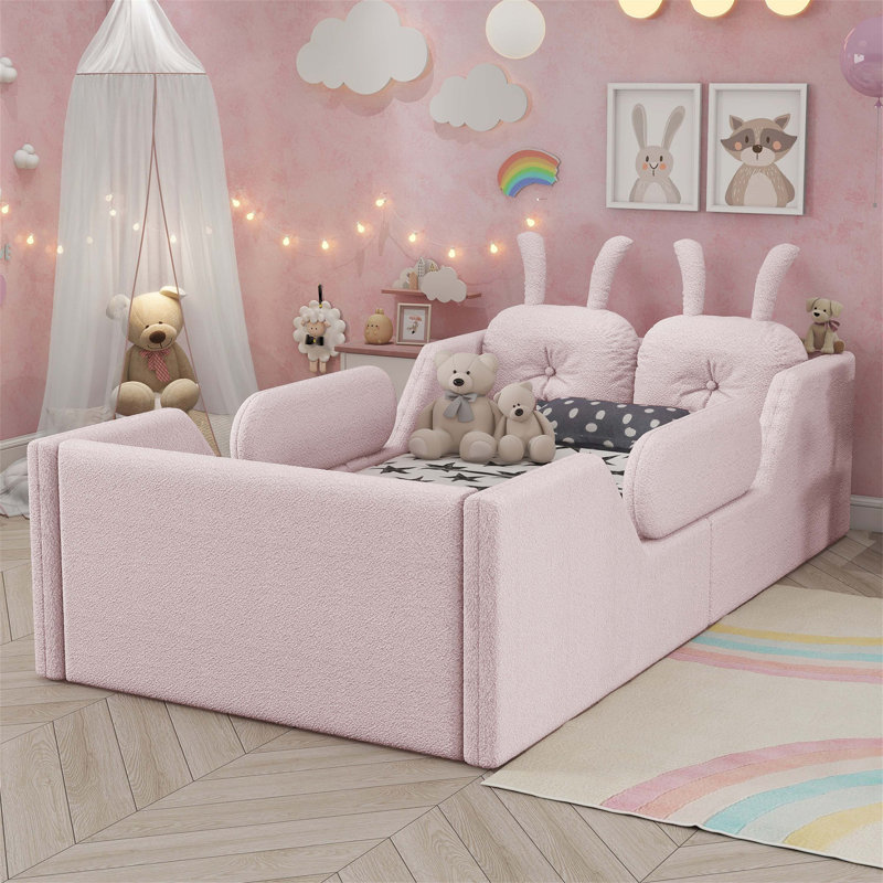 Twin Size Upholstered Platform Bed With Rabbit Cushion, Kids Floor Bed With Removable Side Rails, Soft And Safe Design, Pink