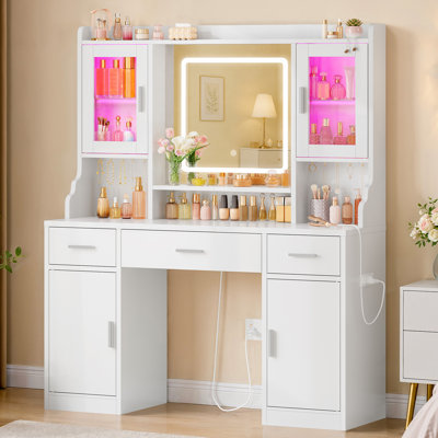Coiffeuse de maquillage avec miroir lumineux réglable et station de charge, coiffeuse avec 3 tiroirs et 2 armoires, blanc