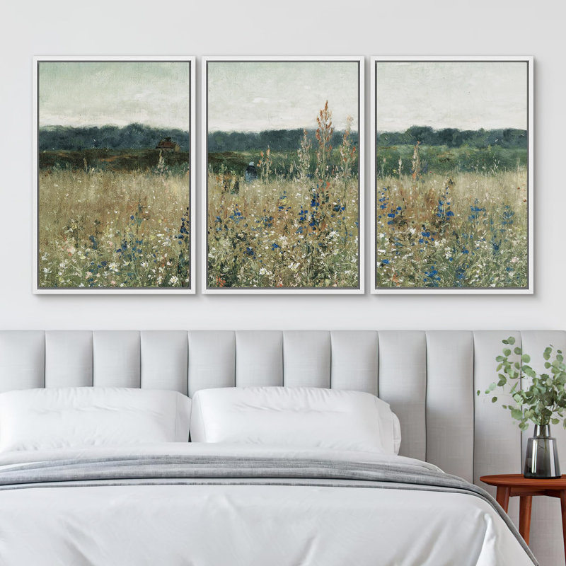 Rural Landscape " Pastoral Fields Rustic Wildflower Countryside Floral Landscape Illustration Rustic Artwork Ultra " 3 - Pieces