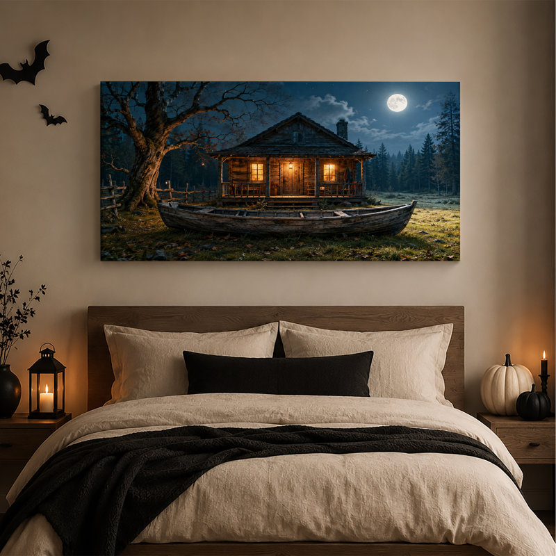 Cabane rustique en bois sous la pleine lune avec bateau - Toile murale d'Halloween, L 46 po x H 24 po