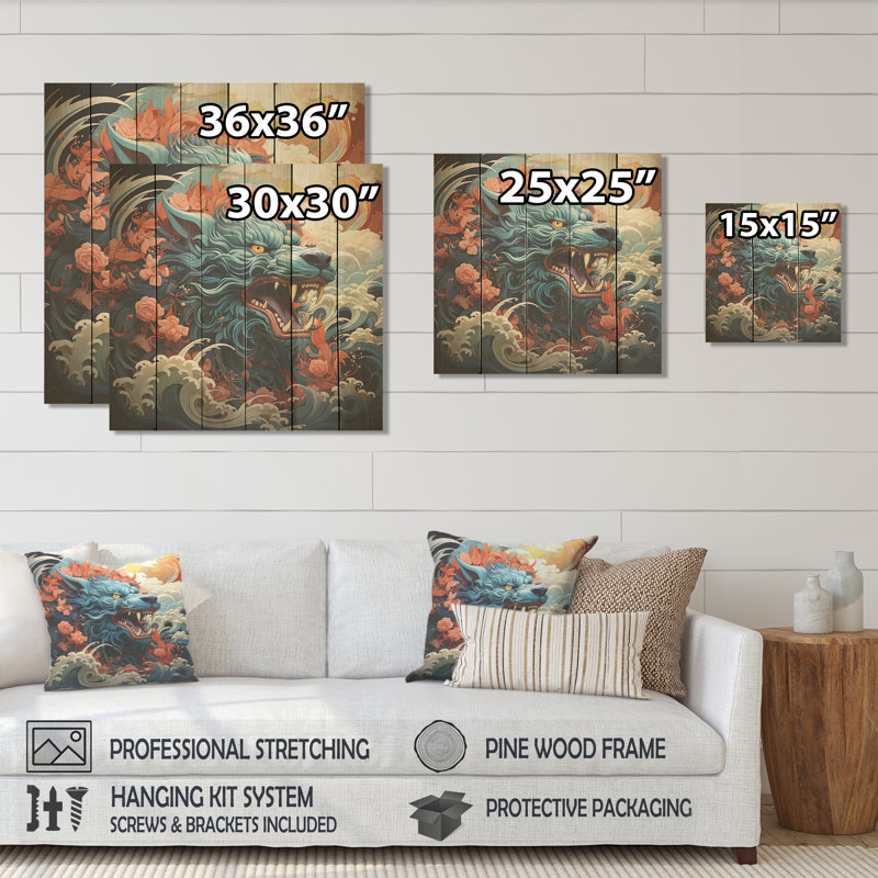 Dragon japonais sur la vague au large de Kanagawa IV - Dragons sur bois, H 30 po x l 30 po