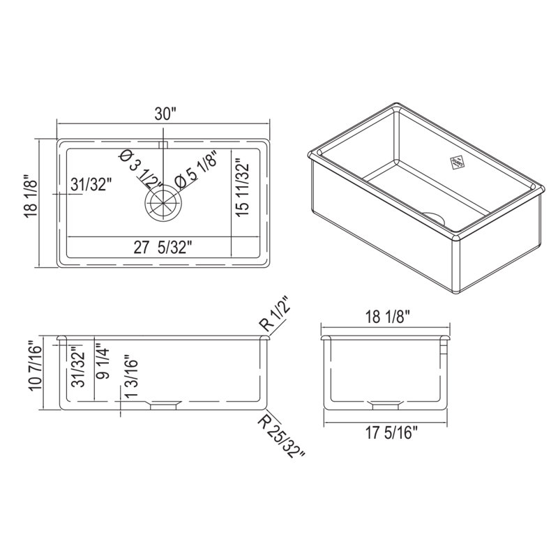Shaws­ 30" Single Bowl Undermount Fireclay Kitchen Sink, Matte Gray