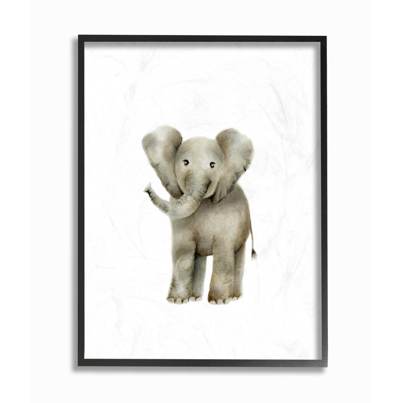 «Happy Baby Elephant Illustration», art mural, H 20 po x l 16 po, Giclée encadrée noir minuit