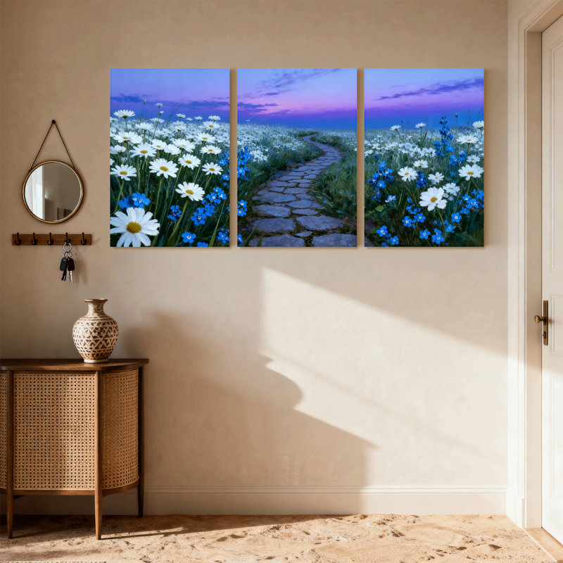 Assortiment de bouquets de marguerites sur fond de chemin, fleurs bleues et coucher de soleil, ensemble de 3 toiles