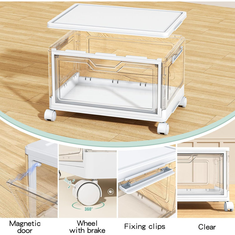 Transparent storage box with a lid, plastic multi-functional foldable storage box, foldable box with a magnetic suction door