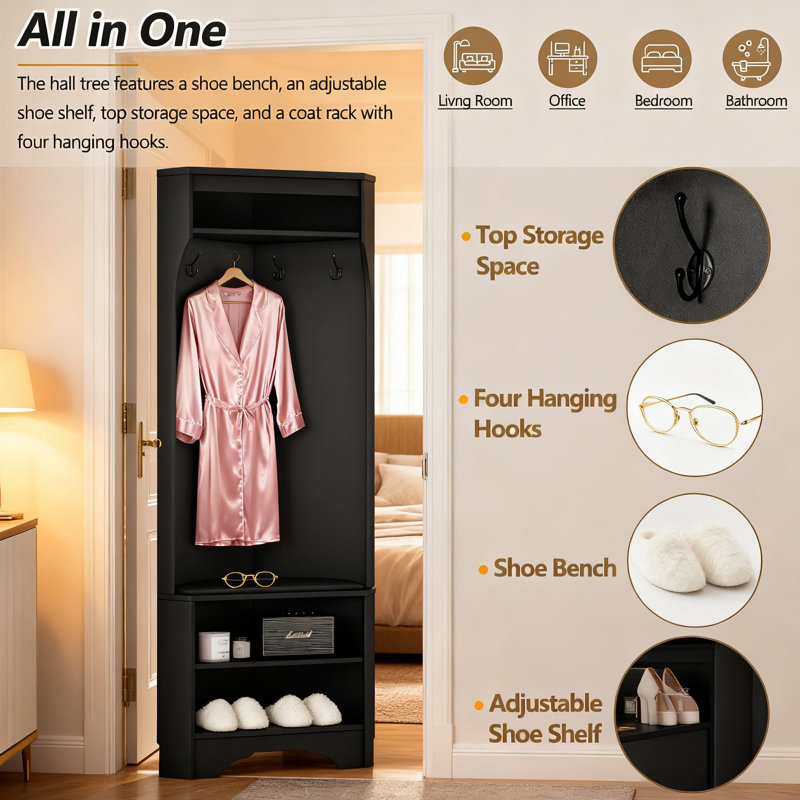 Minimalist Corner Hall Tree With Shoe Bench, 4 Hanging Hooks & Adjustable Shelf, Multi-Functional Entryway Coat Rack And Storage Cabinet For Hallway Or Living Room