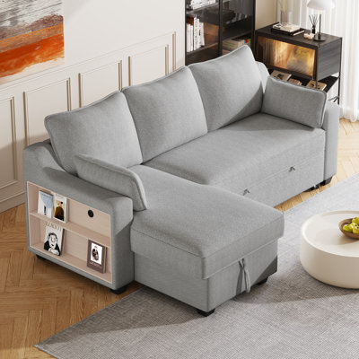 Jille L-Shaped Convertible Sofa Bed with Storage Chaise, Storage Racks and USB Ports