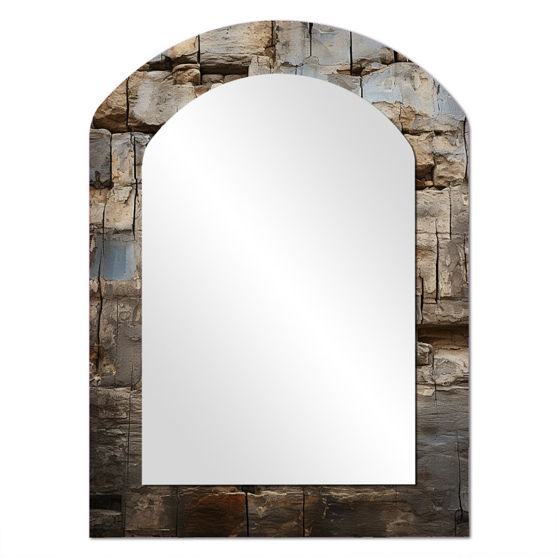 Hébreu Western Wall Collage II - Judaïsme grand miroir mural asymétrique, miroir décoratif en arche grise, impression d'art en métal