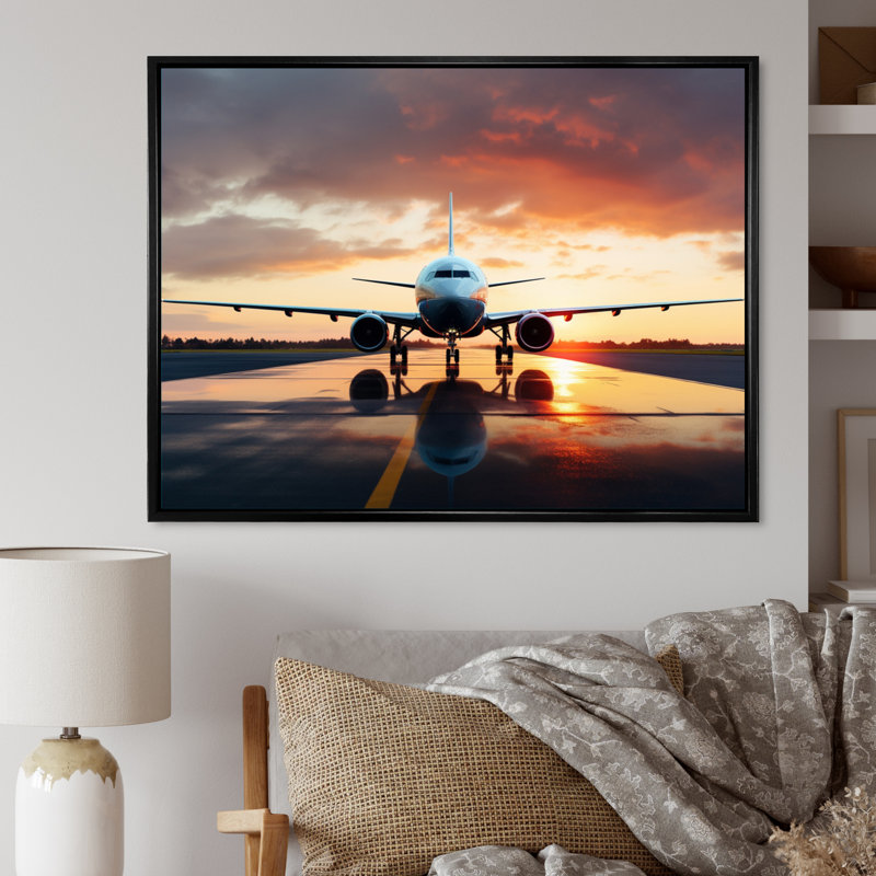Photo prête à décoller de l'avion - impressions sur toile modernes, Cadre flottant noir, H 34 po x l 44 po x P 1,5 po