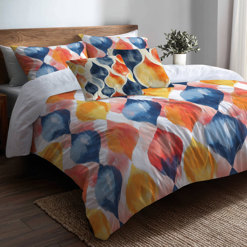 Ensemble d'édredon moderne de 6 - Ikat scandinave bleu et orange avec taies décoratives et coussins décoratifs