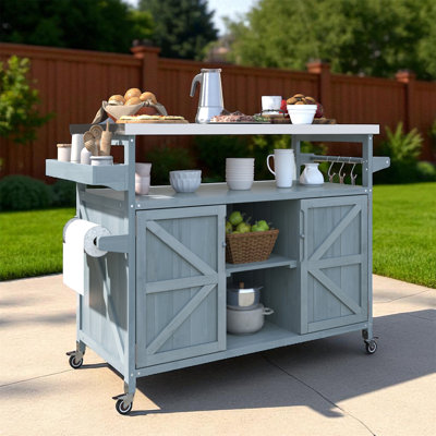 Farmhouse Outdoor Grill Cart, Rolling Bar Cart & Outdoor Kitchen Island, Solid Wood Grill Table W/ Stainless Steel Top, Spice Rack , Towel Rack by Gracie Oaks