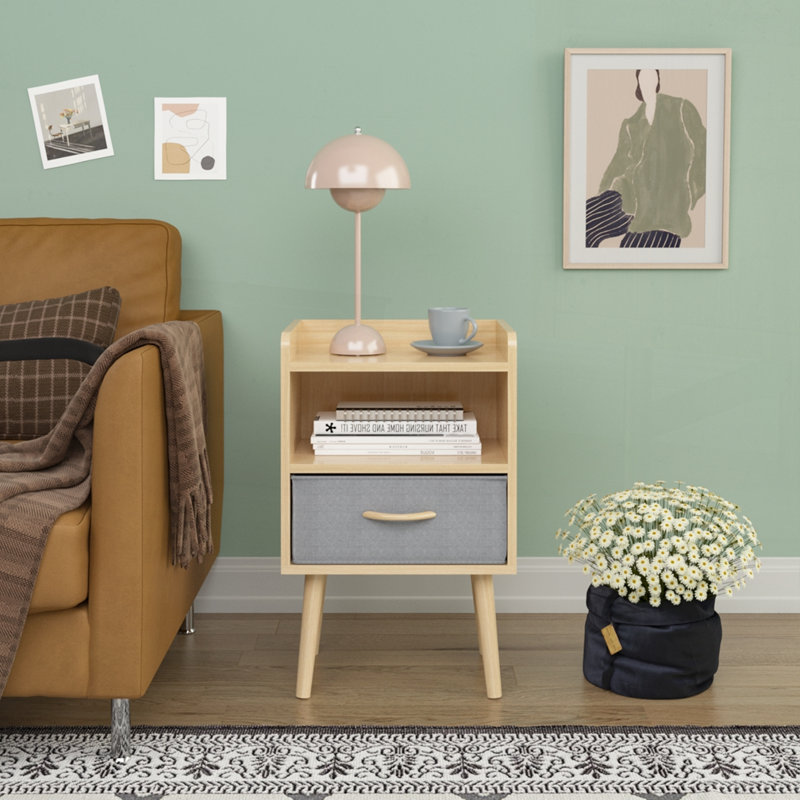Table de chevet avec tiroir pliable en tissu, Chêne