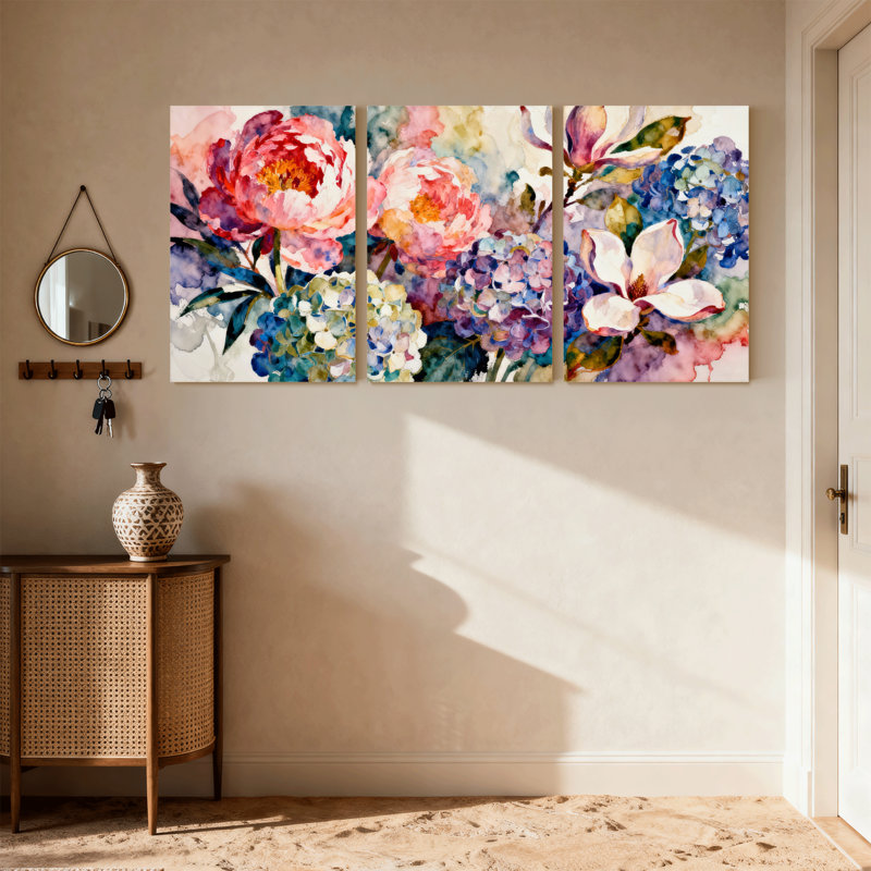Plants & Flowers Floral Watercolor Peonies Hydrangeas Magnolias Artistic Painting Canvas Print Set of 3 Canvas Wall Art Prints