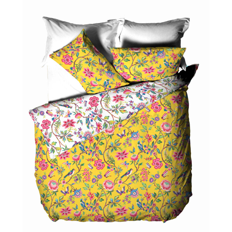 Cotton Blend Floral Duvet Cover Set with Pillowcases Included, Yellow, Double - 2 Standard Pillowcases