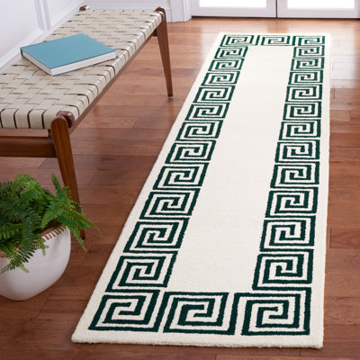 Diljana Hand Tufted Wool/Cotton Greek Key Border Rug in Ivory/Green