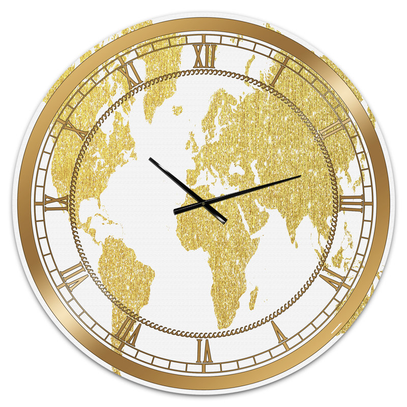 Carte dorée de la Terre - grande horloge murale tendance, Moyen