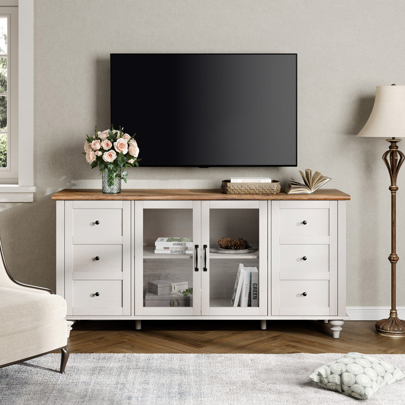 Buffet de porte en verre de 58 po de largeur avec tablettes réglables Corretta, Blanc / Brun
