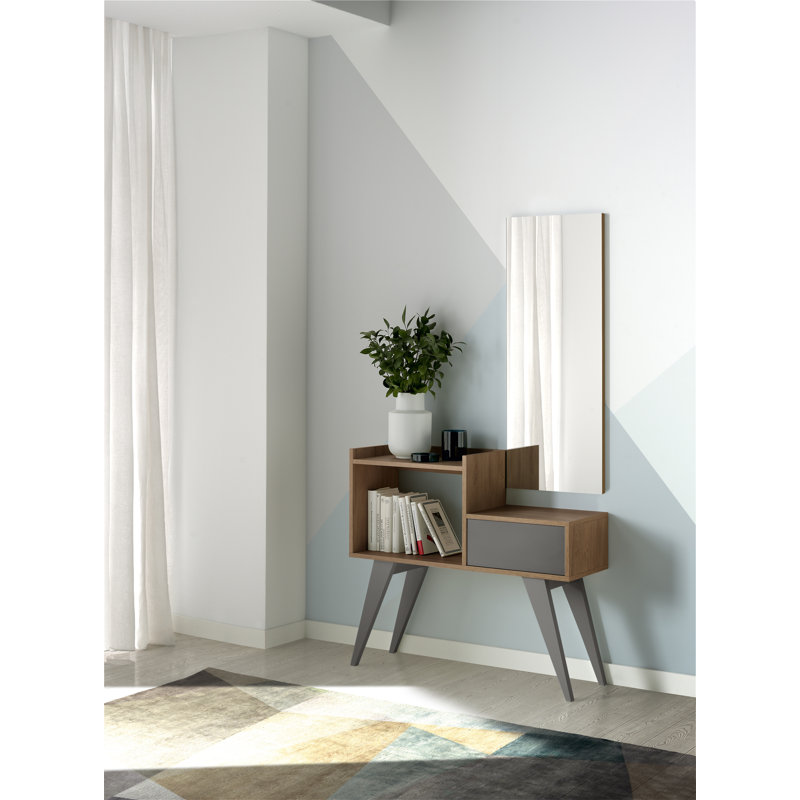 90cm Console Table, Walnut, Grey