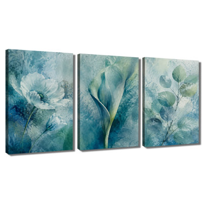 3 panneaux muraux, bleu sarcelle, aquarelle, coquelicot, calla, lis, impression sur toile tendue