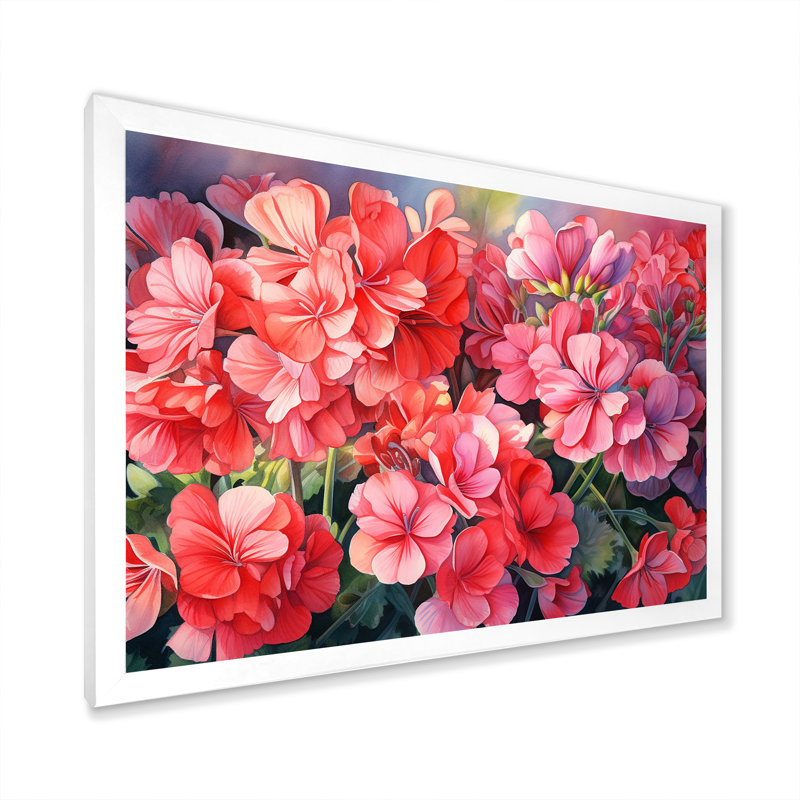 Geraniums au coucher du soleil, H 24 po x l 32 po x P 1 po, Cadre simple blanc