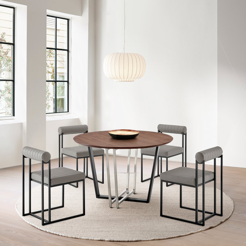 Mirjanka 5 Piece 48" Round Walnut Dining Table Set with Matte Black Iron and Light Gray Faux Leather