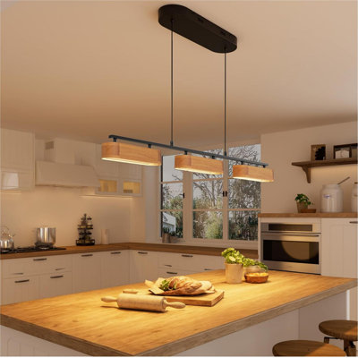 Éclairage linéaire pour îlot de cuisine, luminaire de salle à manger de style lustre de ferme, luminaire suspendu à intensité variable rustique à 3 lumières pour îlot de cuisine sur table (bois)