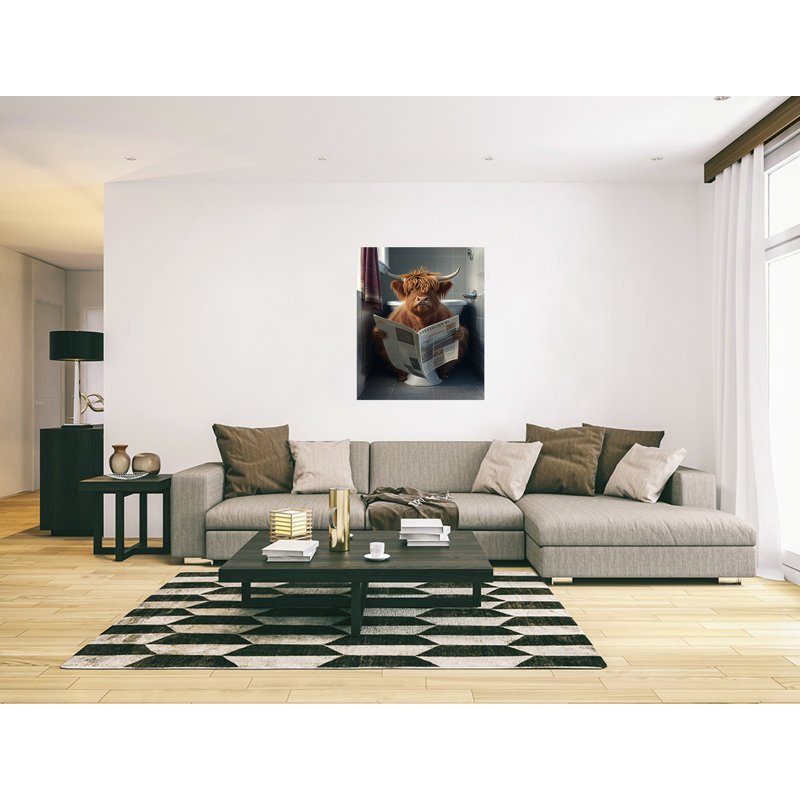 Highland Cow Reading Paper On Toilet - Wrapped Canvas Print