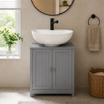 Gray 23.6-inch U-shaped vanity cabinet with MDF adjustable shelves and double doors.