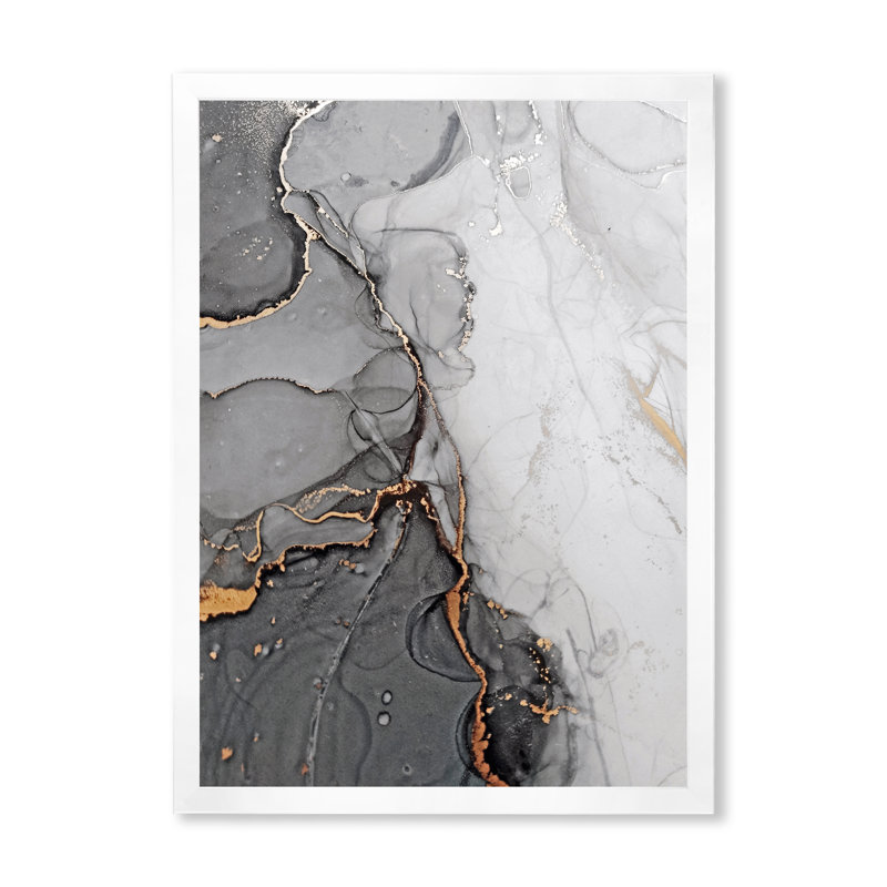 Vagues de marbre gris et orange - peinture sur toile, Cadre photo blanc, H 44 po x l 34 po