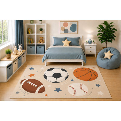 5' x 7' Kids Area Rug Sports Balls Rug Soccer Basketball Football Baseball Bedroom Playroom Decor for Boys Game Room Non-Slip Silicone Backing Low Pile