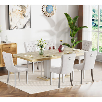 62.99" -78.74" Extendable Dining Table Set, White Oak Dining Room Table & Velvet Dining Chairs with Stainless Leg, Rustic Kitchen Dining Table and Cha