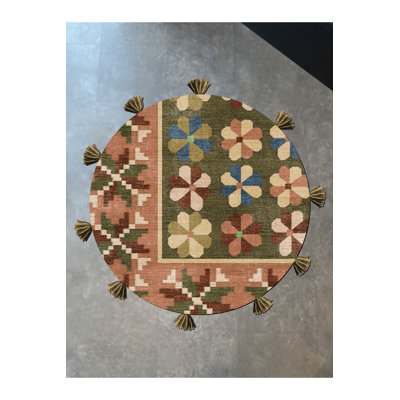 Green Multi Color Mixed Shape Modern Woven Base Round Decorative Machine Washable Area Rug
