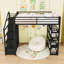 Lit mezzanine double en métal avec tablettes de rangement et garde-robe