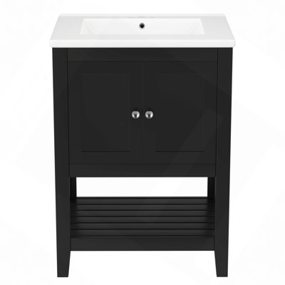 24" Modern Sleek Bathroom Vanity Elegant Ceramic Sink With Solid Wood Frame Open Style Shelf
