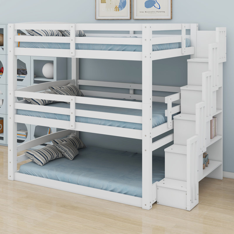 Triple Bunk Bed With Storage Staircase,Separate Design, White