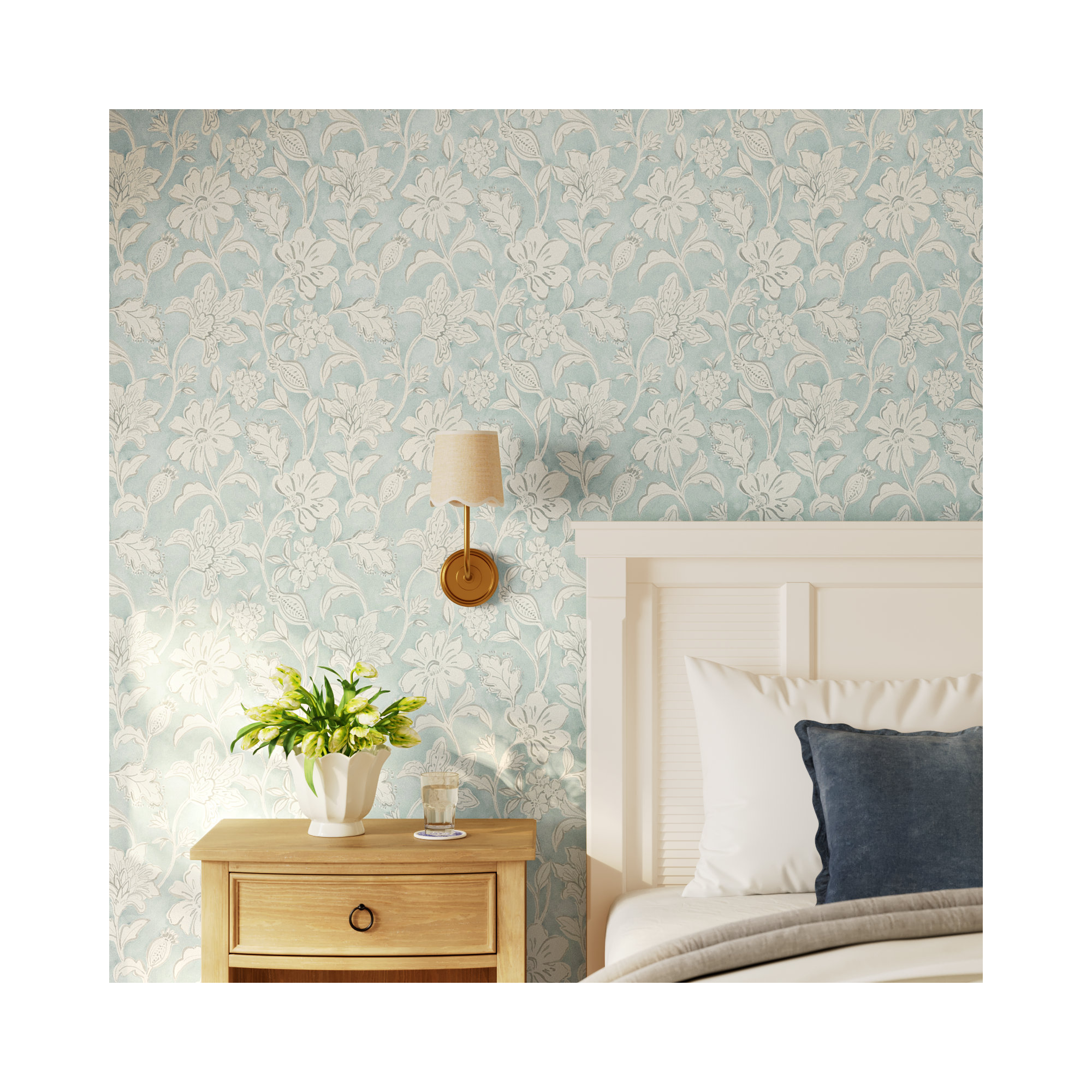 Chelsea Floral Wallpaper, Aqua