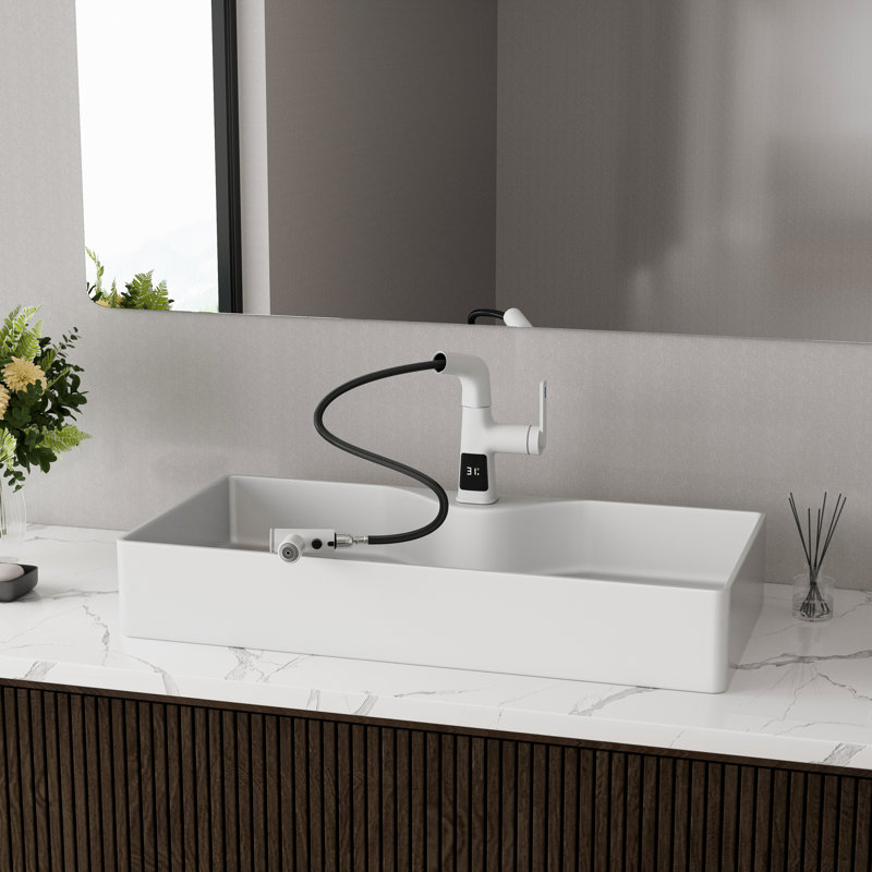 Robinet de salle de bain moderne à affichage numérique avec bec rétractable et pivotant à 360 ° - énergie hydraulique sans pile (chrome / blanc)