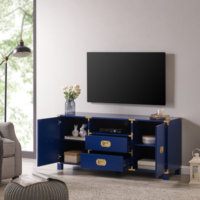 Meuble audio-vidéo bleu marine - Keep Your Stuff In, convient aux téléviseurs de campagne de 50 à 59 pouces avec console et quincaillerie en laiton