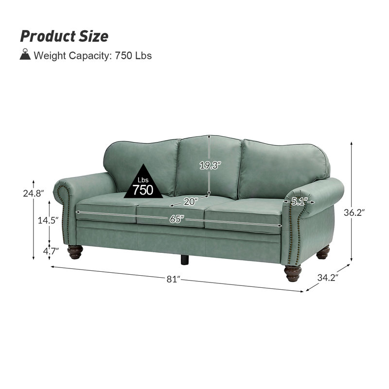 Eugene 81" Traditional Genuine Leather Sofa, Sage