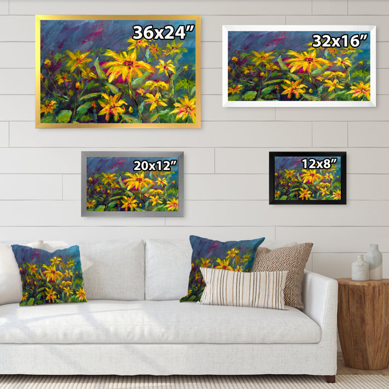 «Yellow Blue Floral Flowers», reproduction sur toile flottante, Cadre noir, H 8 po x l 12 po x P 1 po