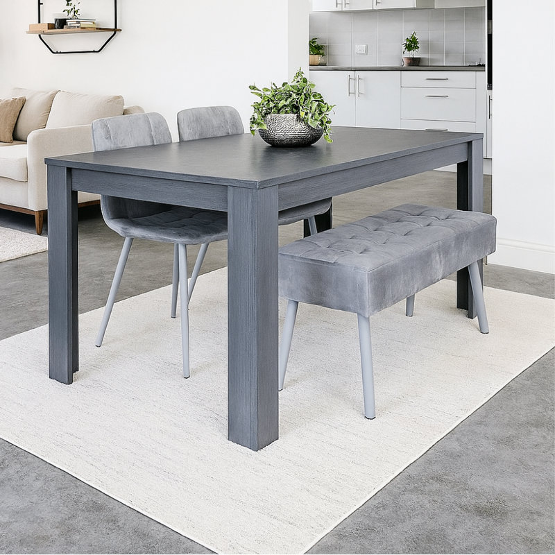 Dining Table and 2 Chairs And Bench Oak Effect Wood Table 1 Grey Velvet Chairs Dining Room, Charcoal, 75" H x 140" L x 80" W