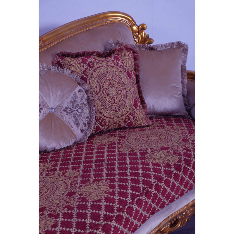 3 Piece Modigliani Sofa Red Gold Fabric, Red Burgundy/Gold
