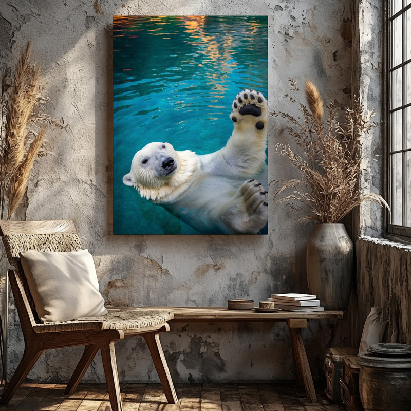 Toile, "Un ours polaire ludique flotte sereinement sur son dos", art mural, H 40 po x l 30 po