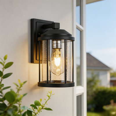 Farmhouse Outdoor Wall Lantern, Modern Matte Black Seeded Glass Waterproof Aluminum Porch Light
