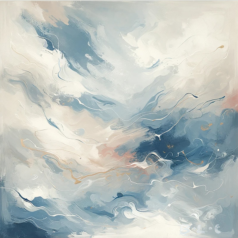 Whispering Winds - Art expressionniste abstrait en bleu doux et accents dorés sur toile Prin, H 30 po x l 30 po x P 1,5 po